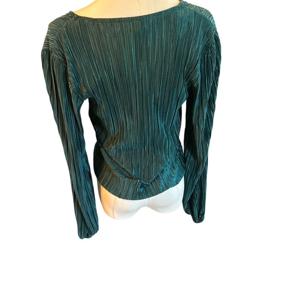 Rachel Zoe Metallic Teal Pleated Long Sleeve Top Rhinestone Bow Detail Size XS - Picture 3 of 6